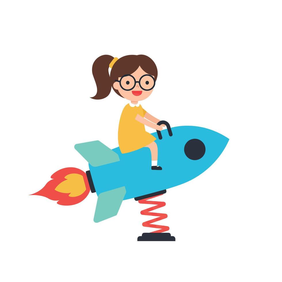 Girl joyfully riding a blue rocket on a spring, minimal illustration vector