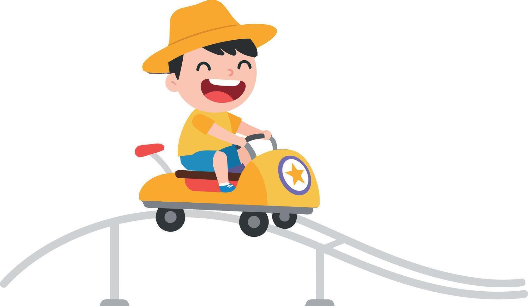 Happy child riding a yellow toy car on a roller coaster track in flat art vector