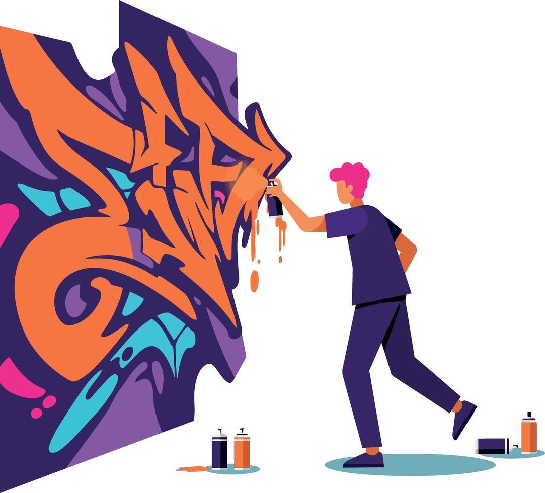 A graffiti artist creating vibrant street art with spray paint in a flat illustration vector