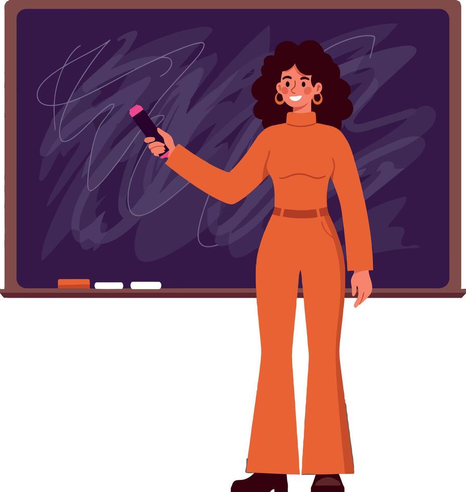 Confident teacher standing in front of a chalkboard wearing stylish orange attire in flat art vector