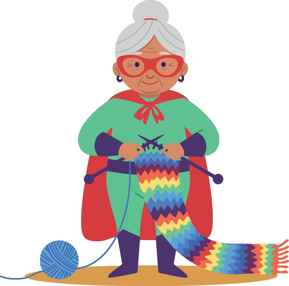 An elderly woman in a colorful costume knitting a vibrant scarf, flat illustration vector