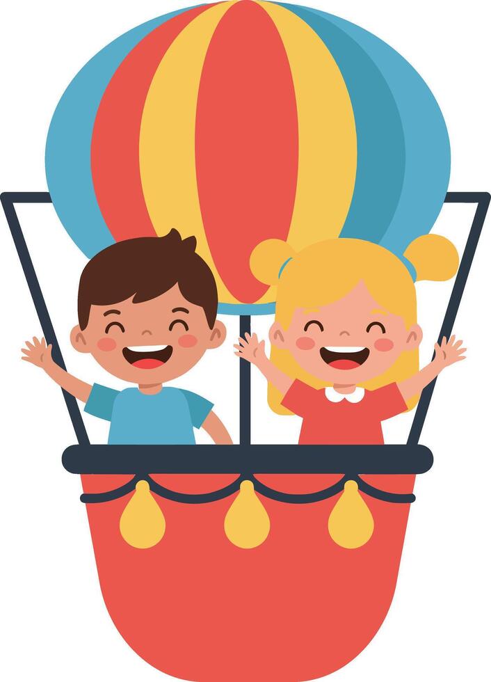 Two cheerful children enjoying a colorful hot air balloon ride in flat illustration vector