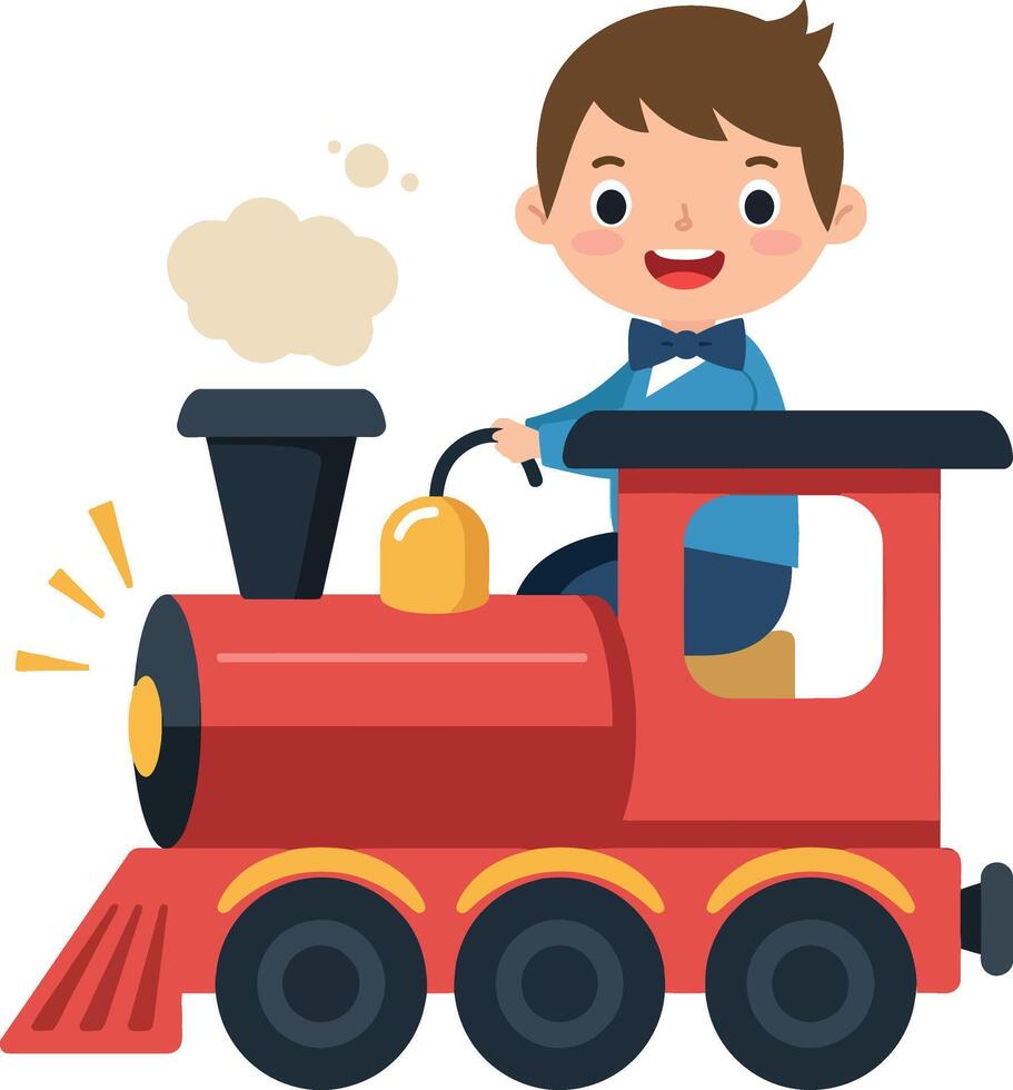 A cheerful boy driving a bright red toy train in a playful flat art style vector