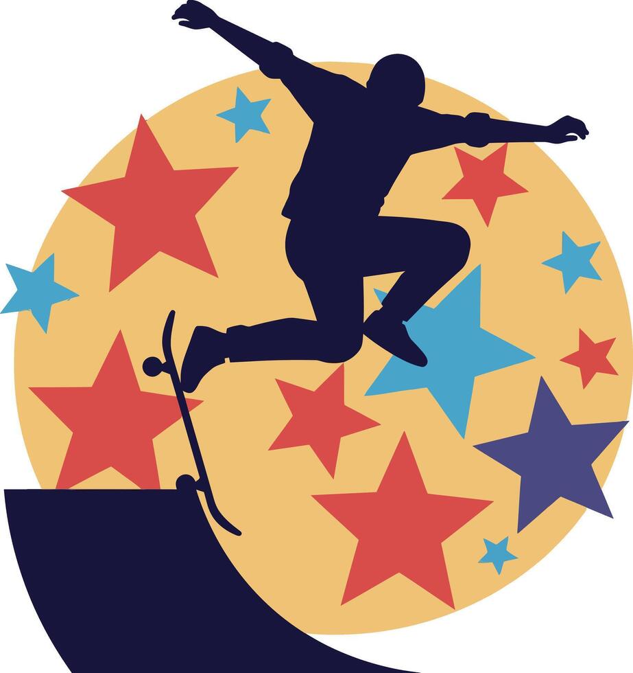 Skateboarder performing an impressive trick in a vibrant flat art scene with colorful stars vector