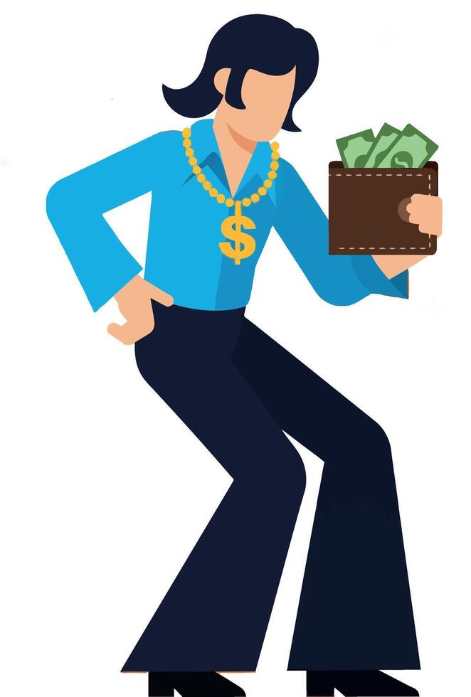 A confident man holding a wallet filled with cash in a flat illustration vector