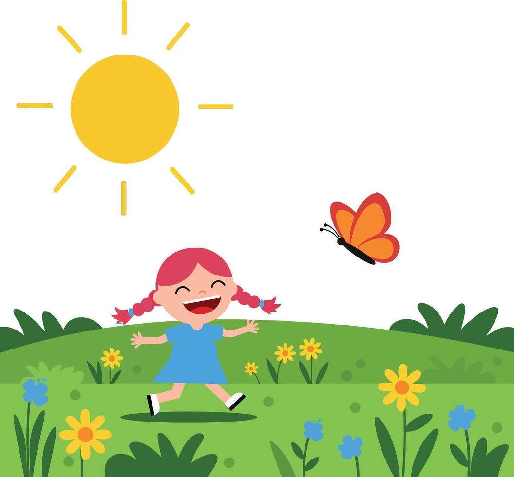 Young girl in a blue dress joyfully running in a sunny meadow with flowers and a butterfly, flat illustration vector