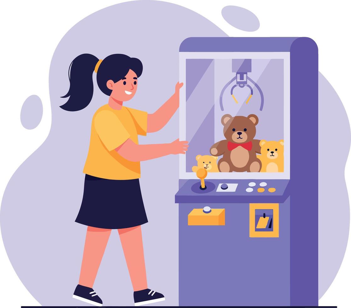 Girl playing with a claw machine to win stuffed animals in flat art vector