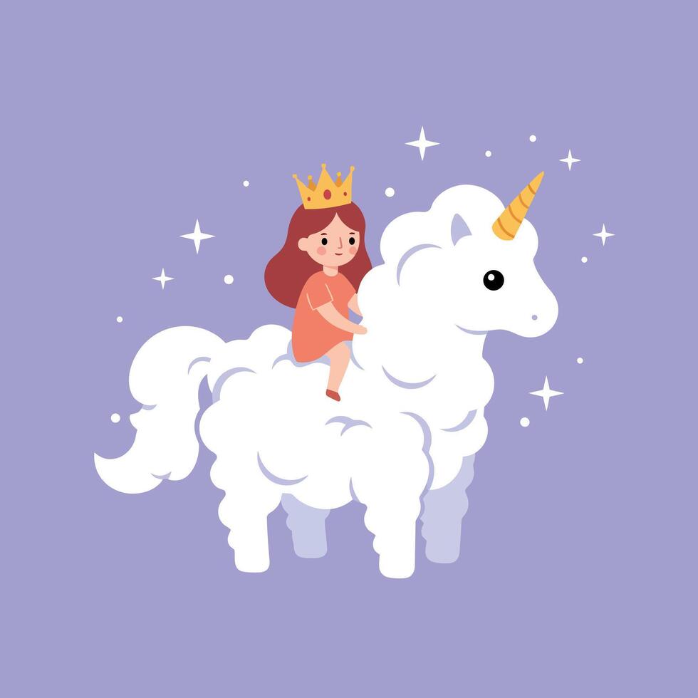 A little girl wearing a crown riding a fluffy white unicorn in flat art vector