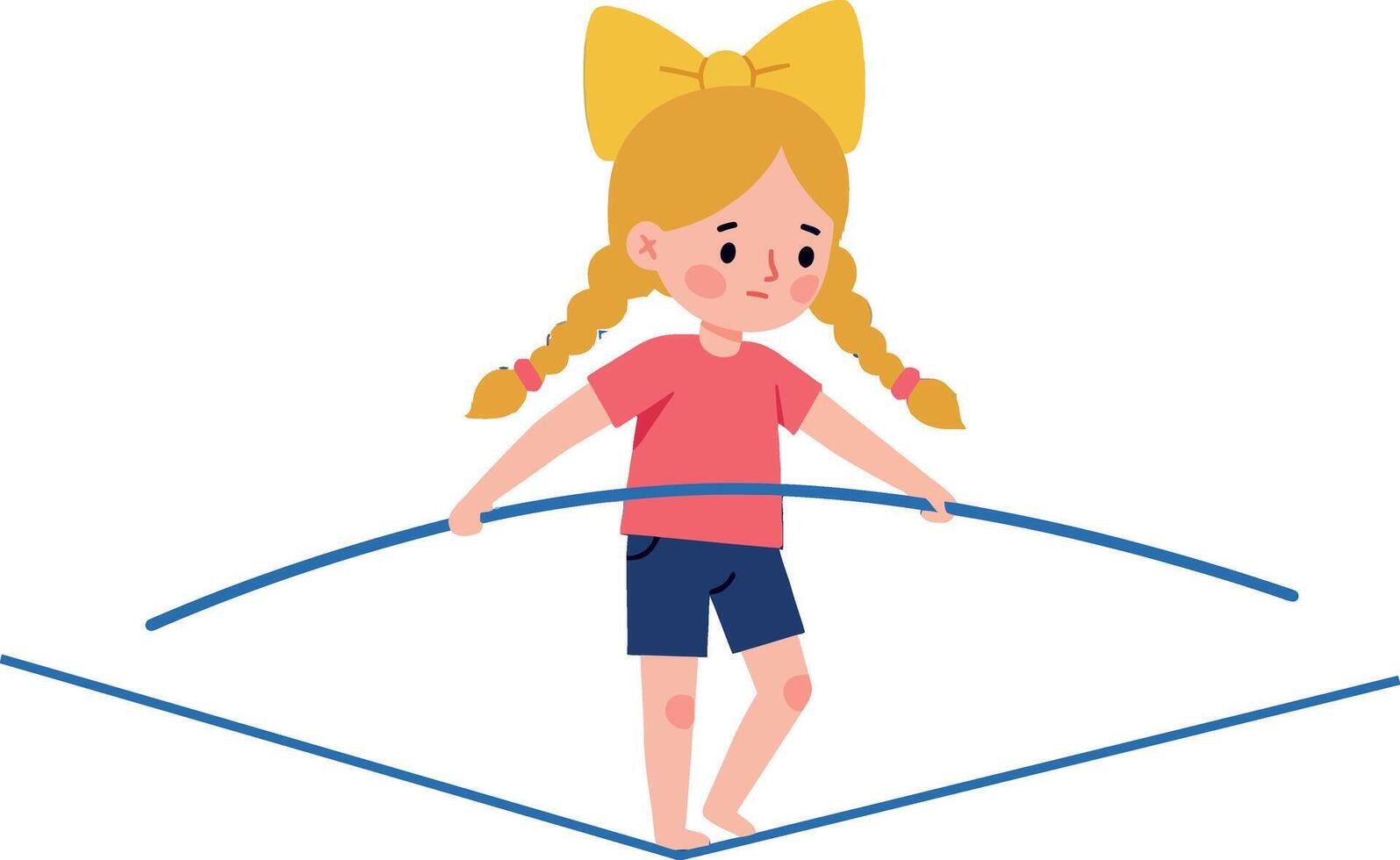 A girl balancing on a blue tightrope with determination in a flat illustration vector