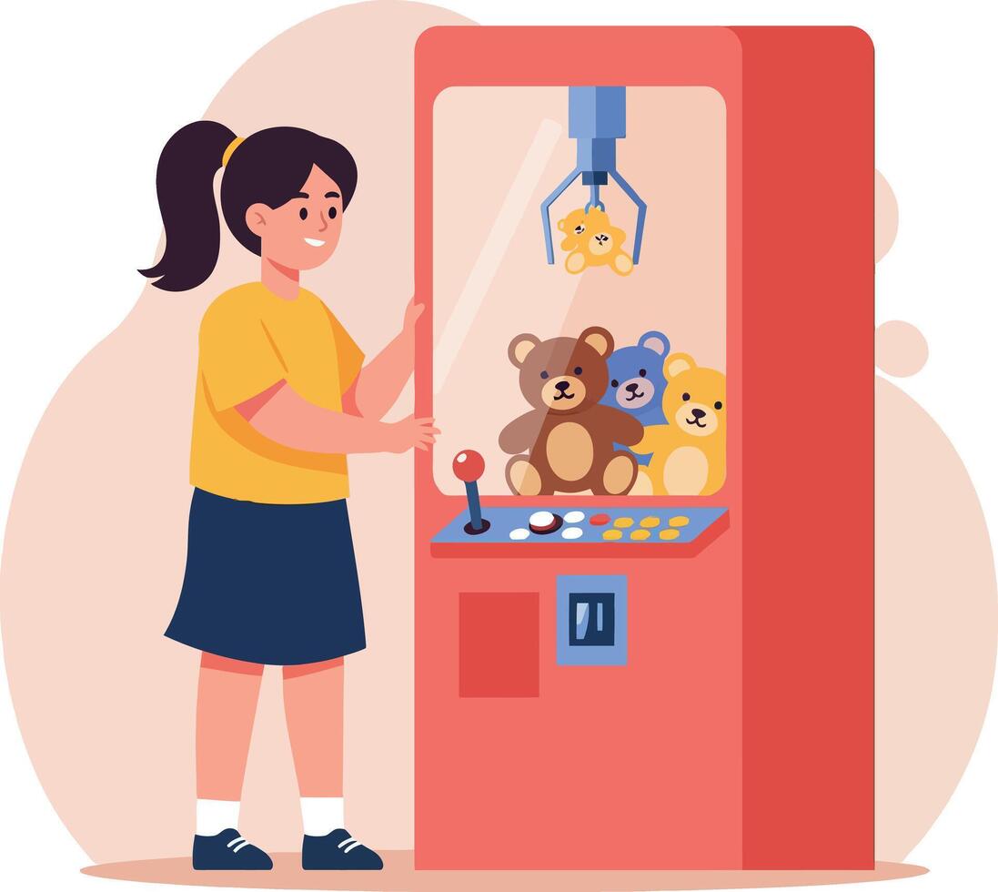 A young girl playing with a toy claw machine in a vibrant flat illustration vector