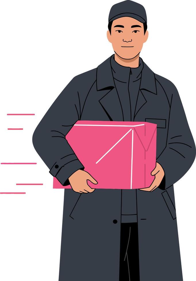 Delivery person in a dark coat carrying a pink package in a flat illustration vector