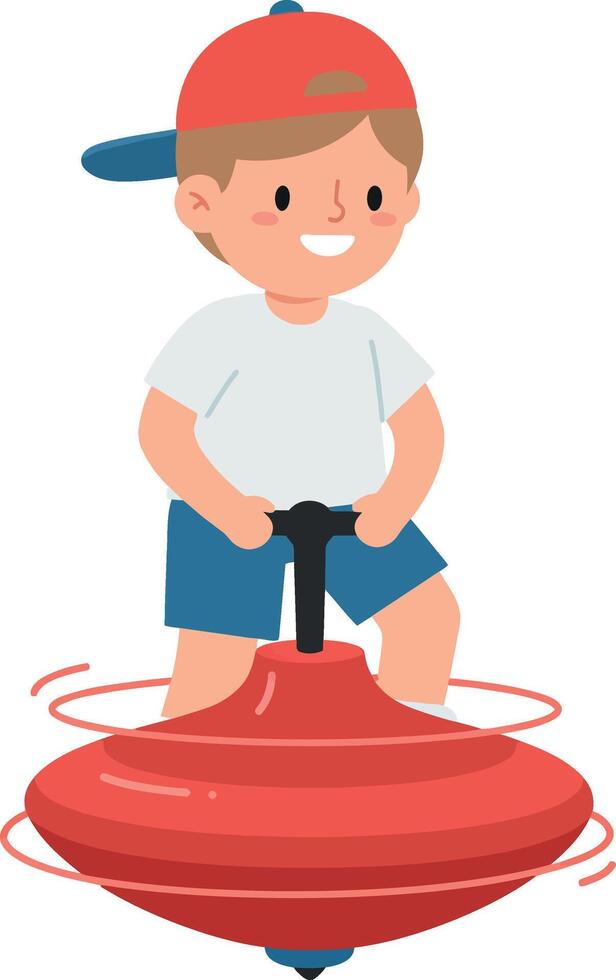 A joyful boy playing with a red spinning top in a flat design illustration vector