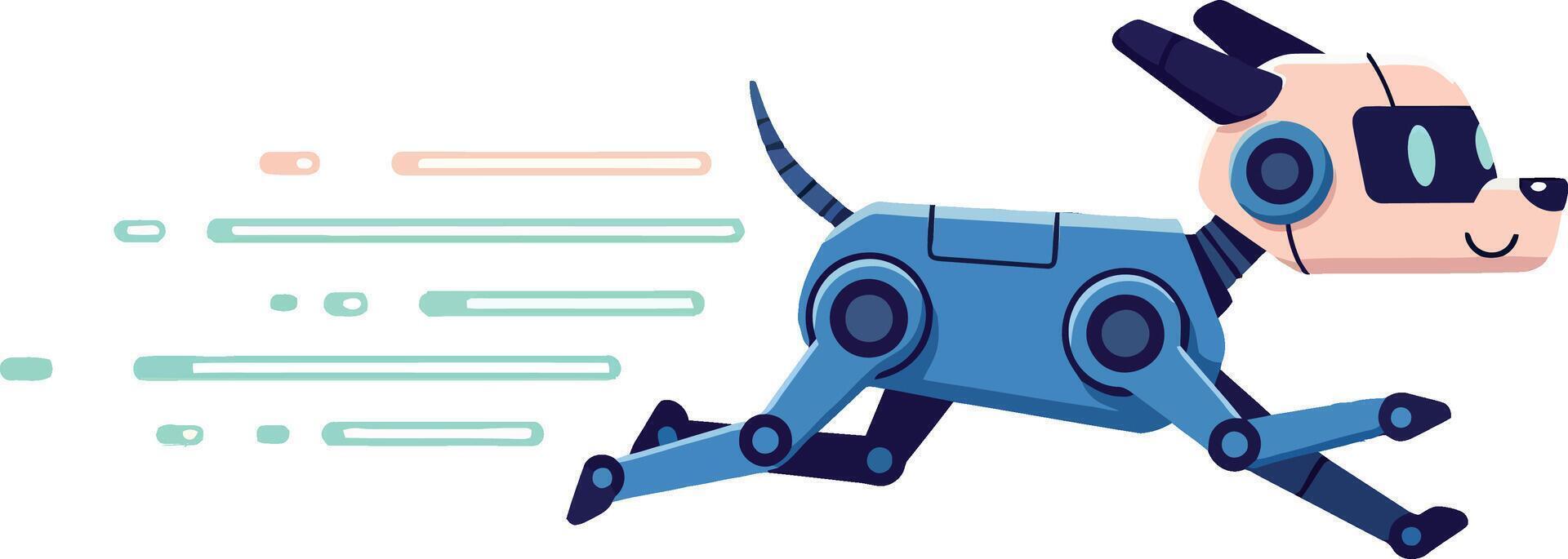 A playful robotic dog with sunglasses running swiftly in a flat, colorful illustration vector