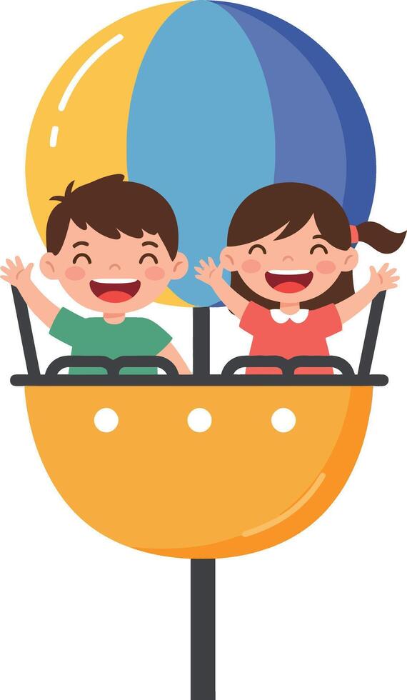 Two joyful children riding a colorful hot air balloon in flat art vector