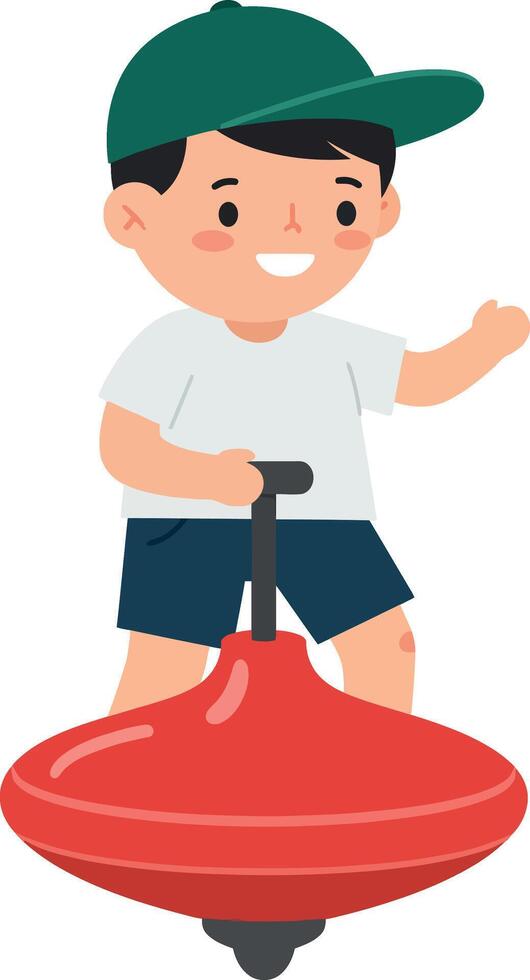 A cheerful boy in a green cap playing with a spinning top in a flat illustration vector