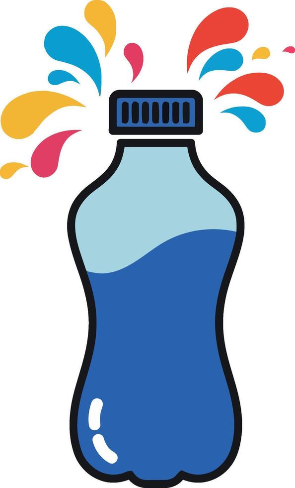 Bright blue soda bottle with colorful splashes in a flat illustration vector