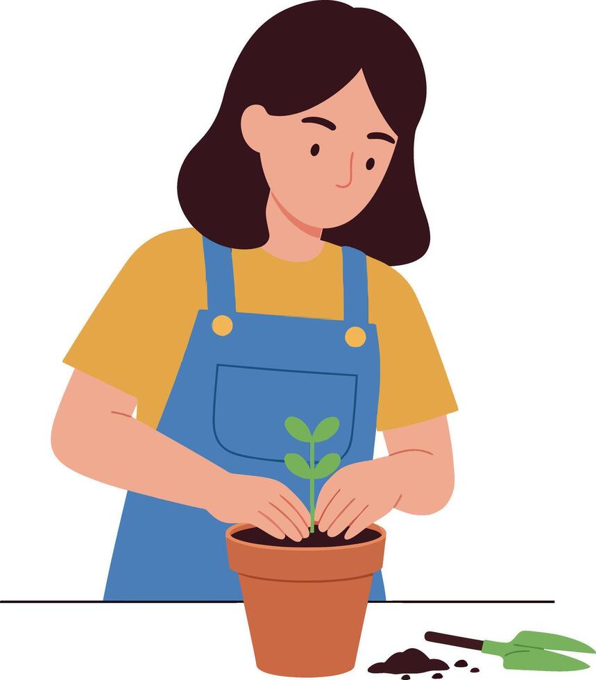 Young woman in blue overalls lovingly planting a seedling in a pot, flat illustration vector
