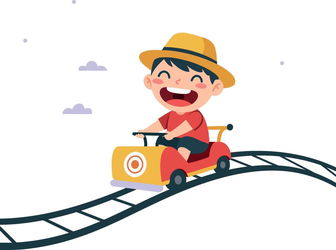 A cheerful boy riding a small train on tracks in a playful flat illustration vector