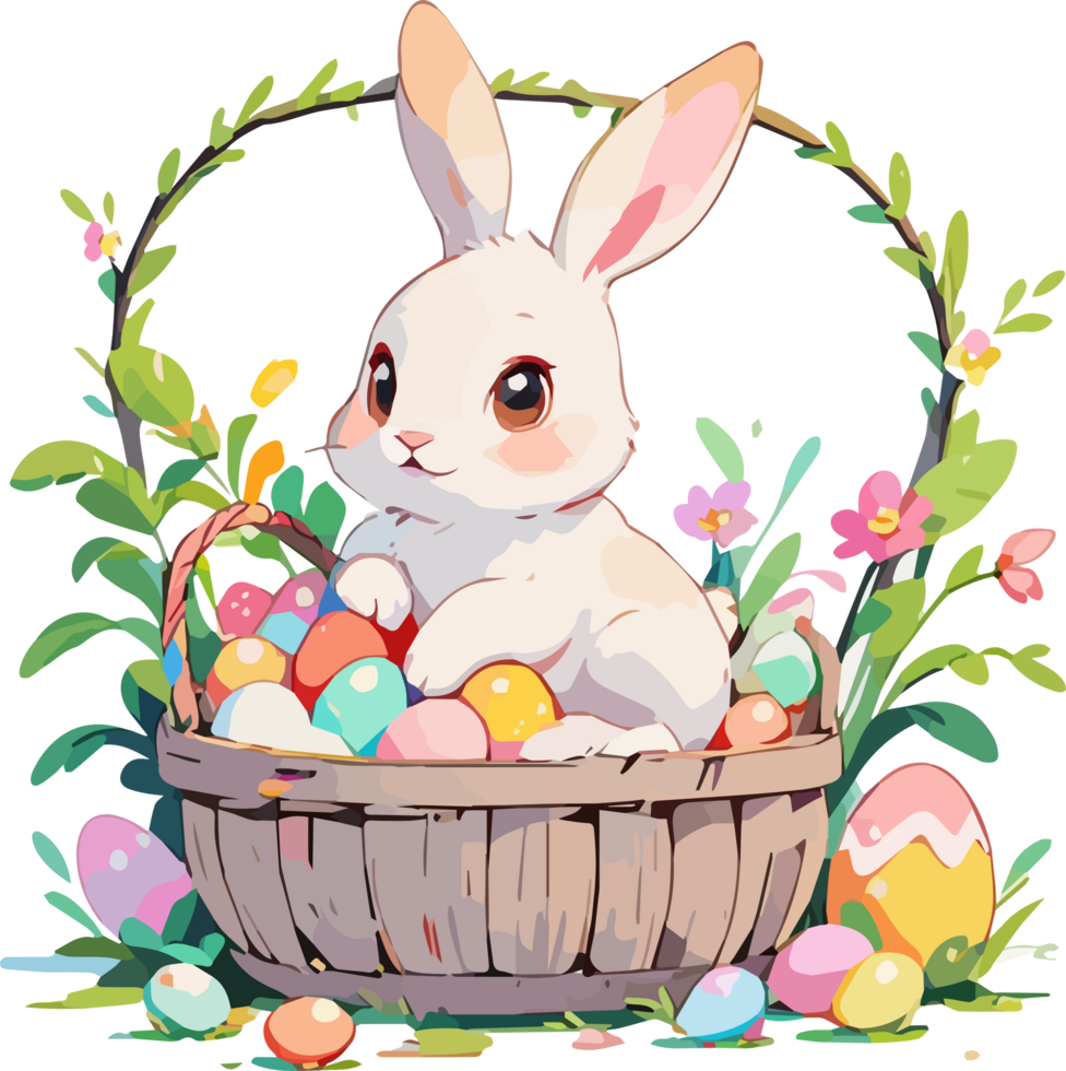 Bunny With Wooden Basket of Rainbow Eggs png