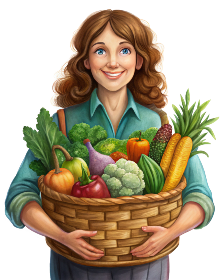 Lady in Casual Outfit with Wooden Vegetable Basket png