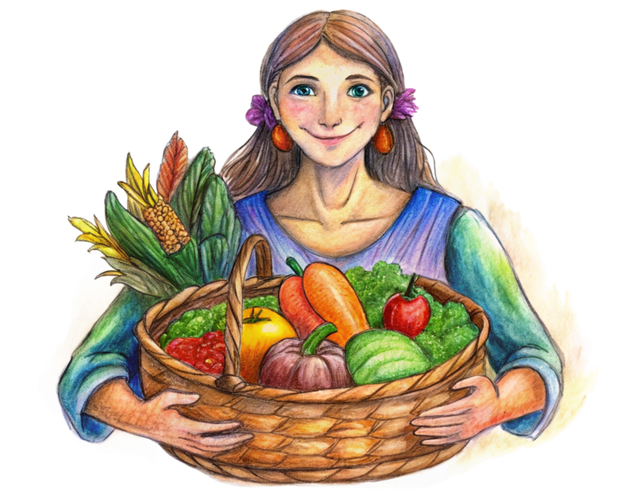 Woman Holding Basket of Colorful Vegetables Isolated png