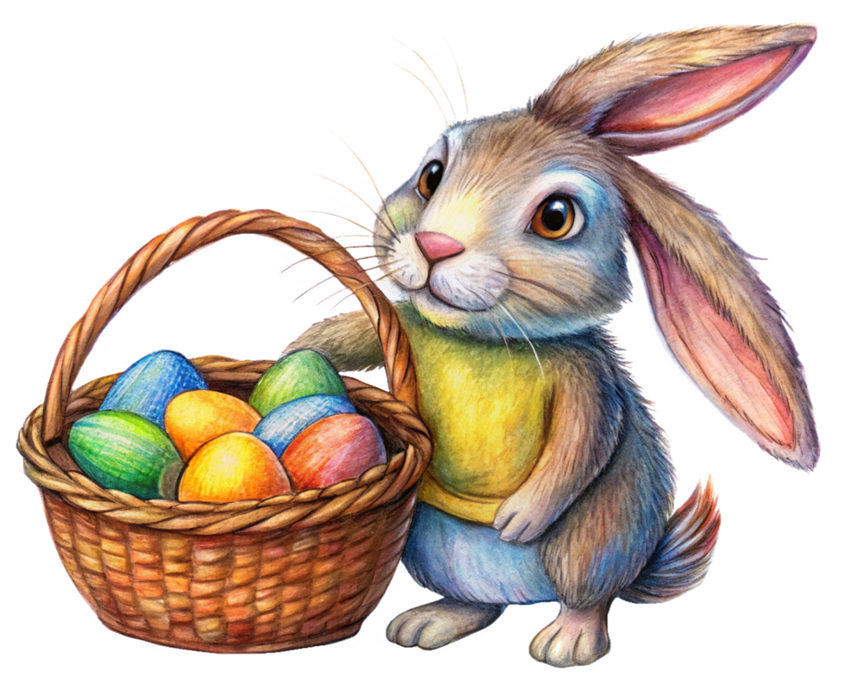 Cute Rabbit With Decorative Egg Basket png