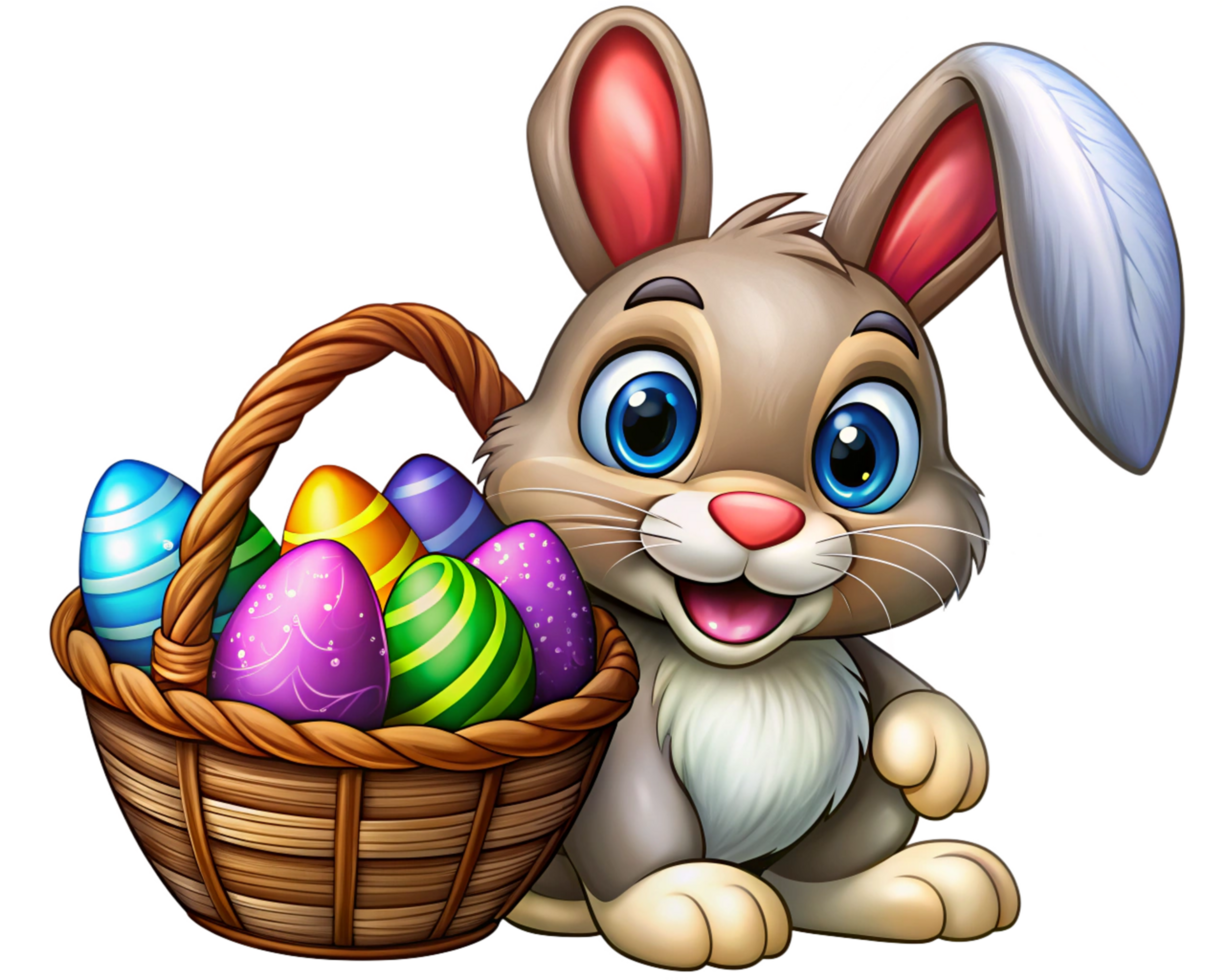Bunny With Wooden Basket of Colorful Easter Eggs png