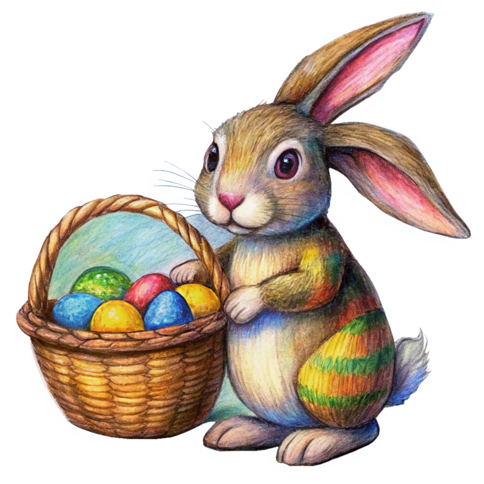 Rabbit Holding Wicker Basket With Painted Eggs png