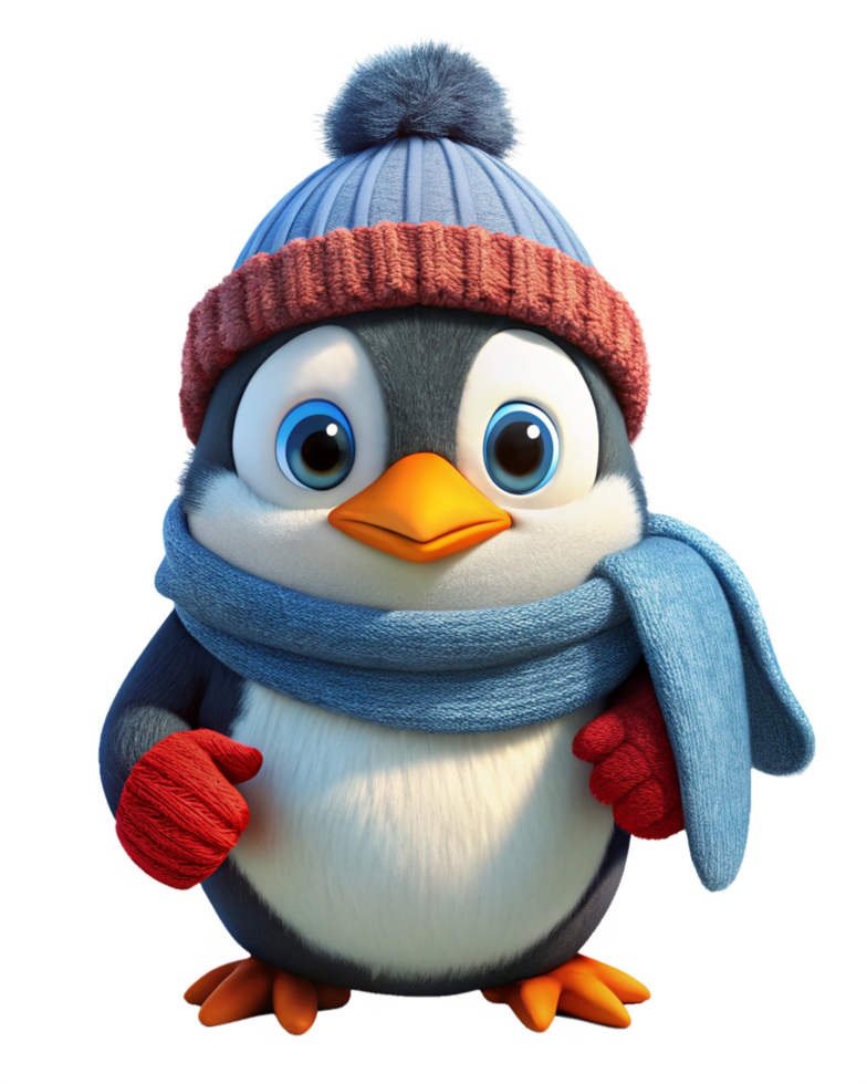 Penguin in Winter Outfit with Knitted Hat png