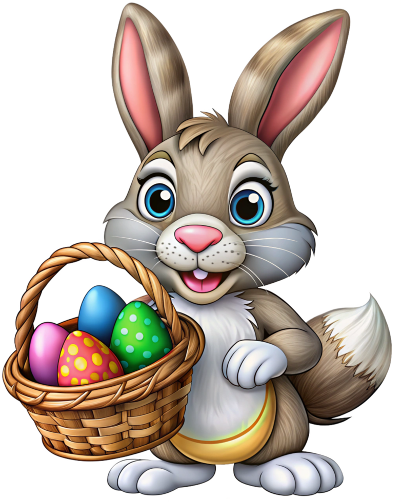 Rabbit Bringing Basket Full of Multicolored Eggs png