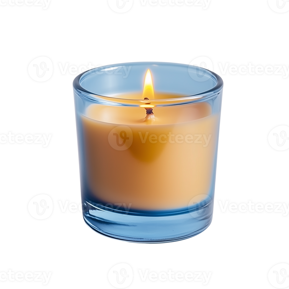Burning Candle in Blue Glass Jar Peaceful, Serene Home Decor png