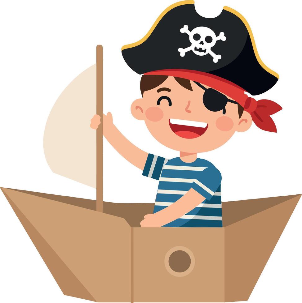 A cheerful boy dressed as a pirate steering a cardboard boat in a playful flat illustration vector