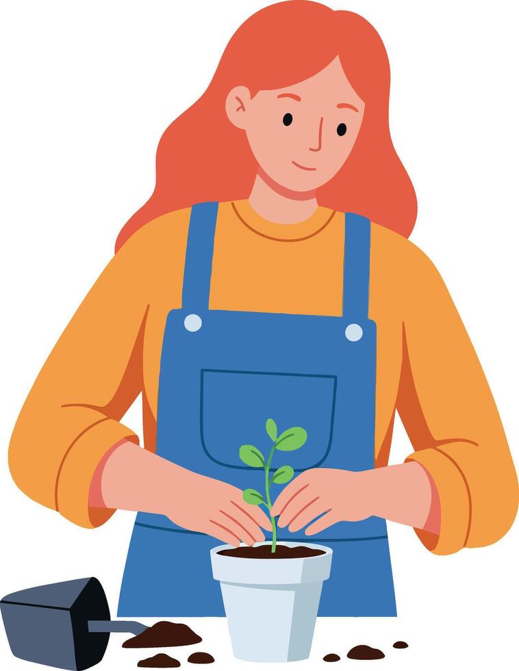 A woman planting a small green seedling in a white pot with soil, minimal illustration vector
