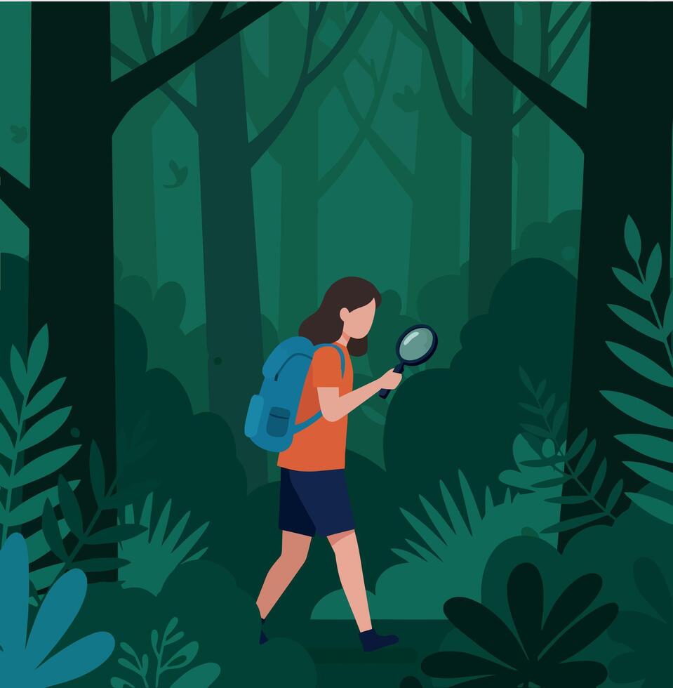 A girl exploring a lush forest with a magnifying glass in a flat illustration vector