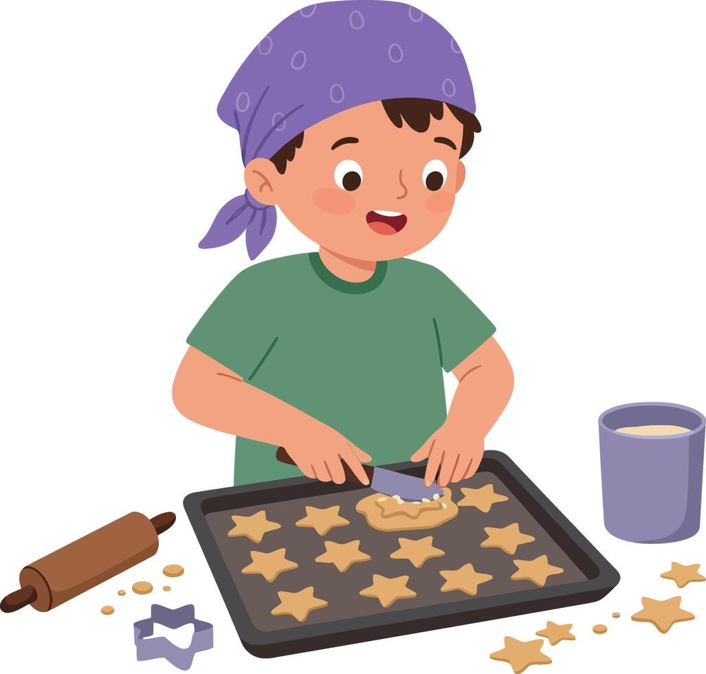 Young boy joyfully baking cookies with star-shaped cutters in a flat illustration vector