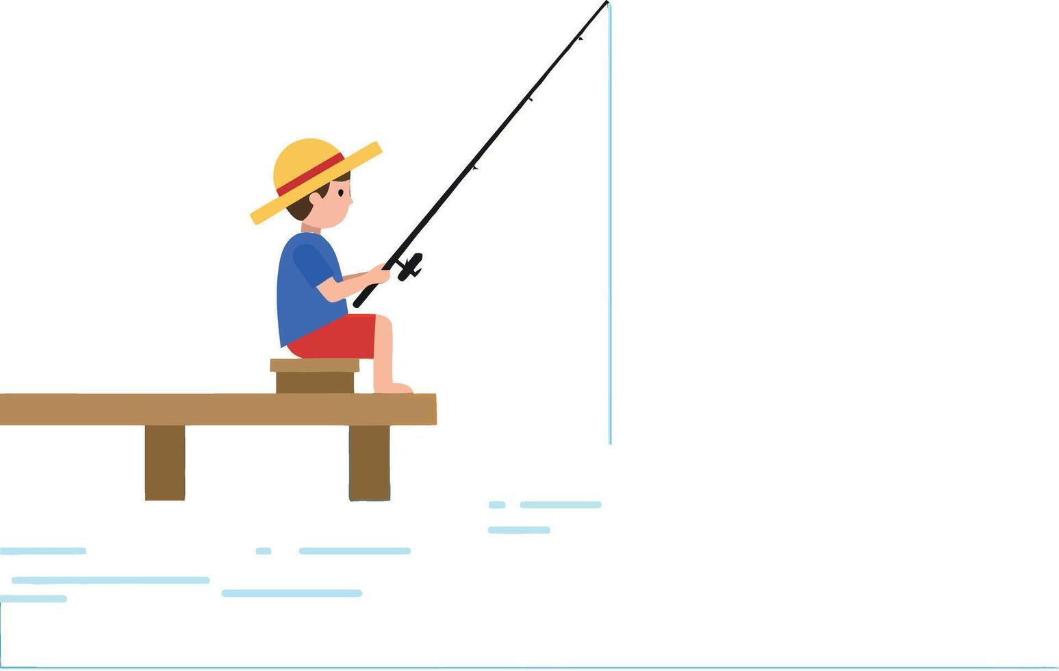 A young boy fishing from a wooden dock in a minimal flat design illustration vector