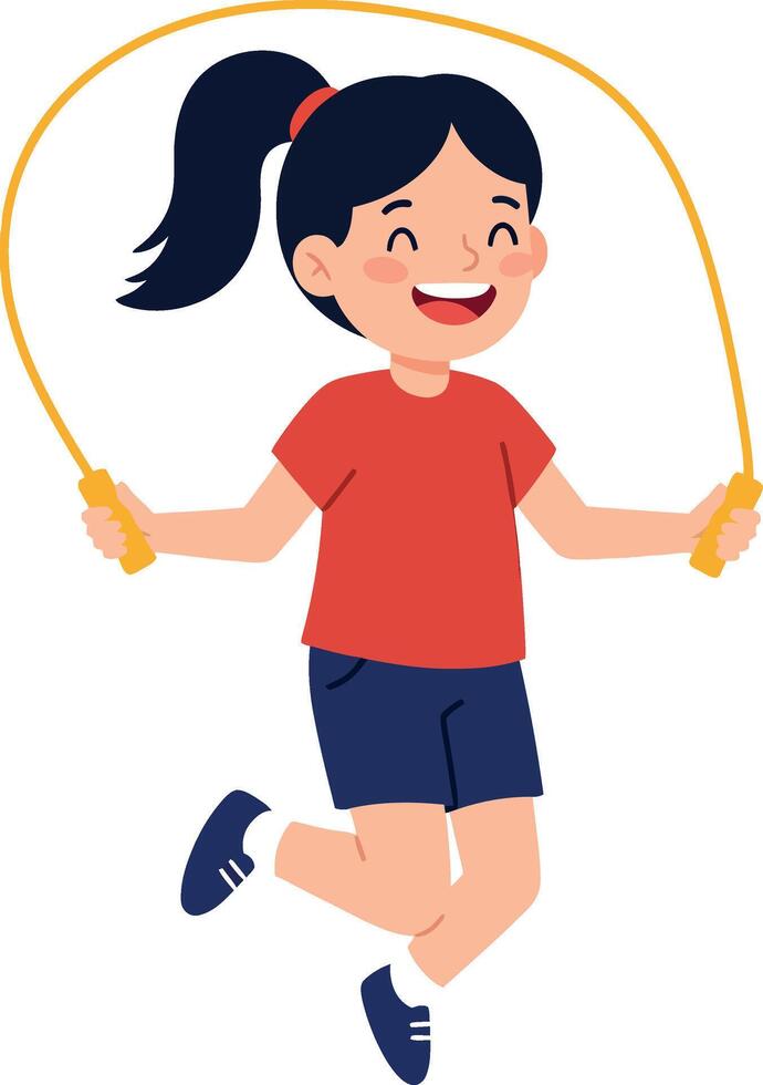 Happy girl jumping rope in bright red shirt and blue shorts, flat art vector