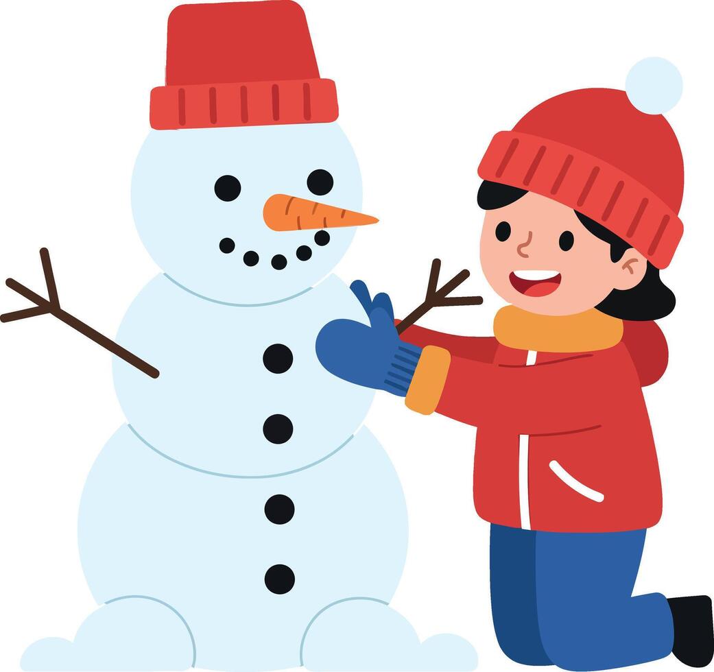 Happy child building a snowman in vibrant winter attire, flat illustration vector