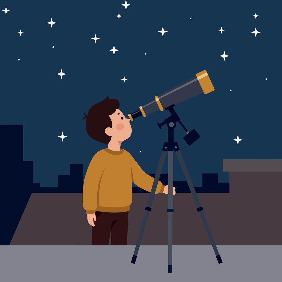 Boy gazing through telescope on rooftop at night in flat illustration vector