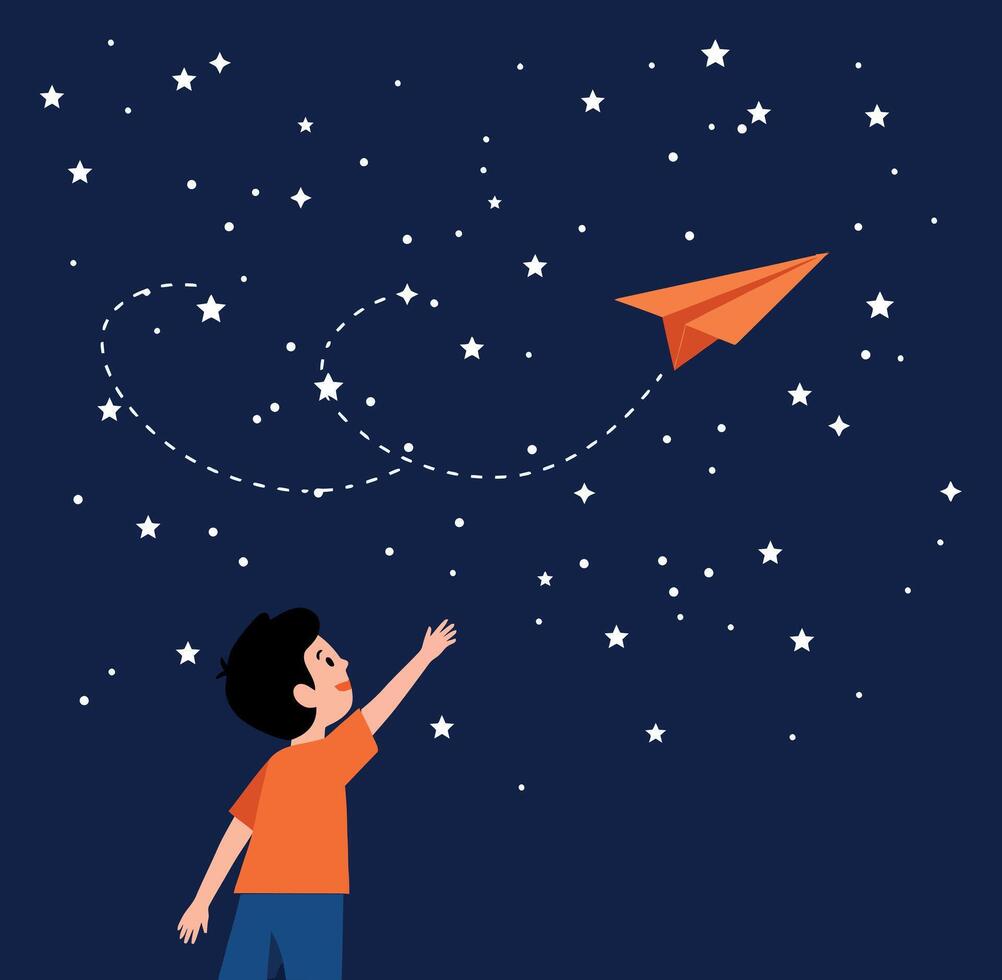 A child in an orange shirt reaching for a paper airplane flying through a starry night sky illustration vector