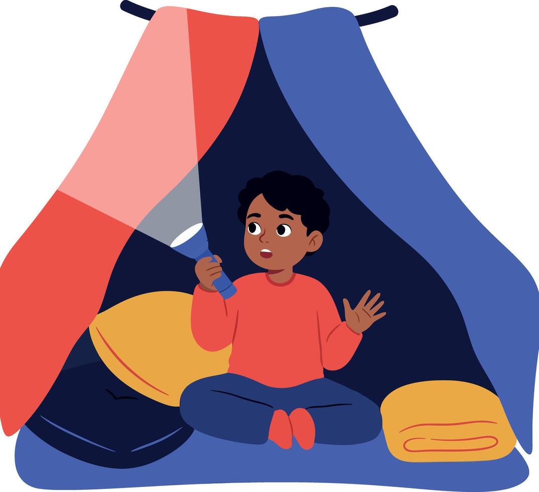 Child sitting inside a colorful blanket fort with a flashlight in a flat illustration vector