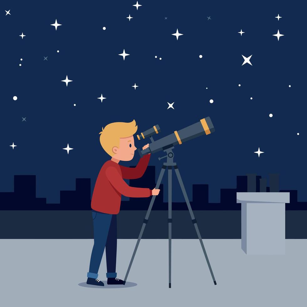 A young boy observing stars through a telescope in a flat art style at night vector