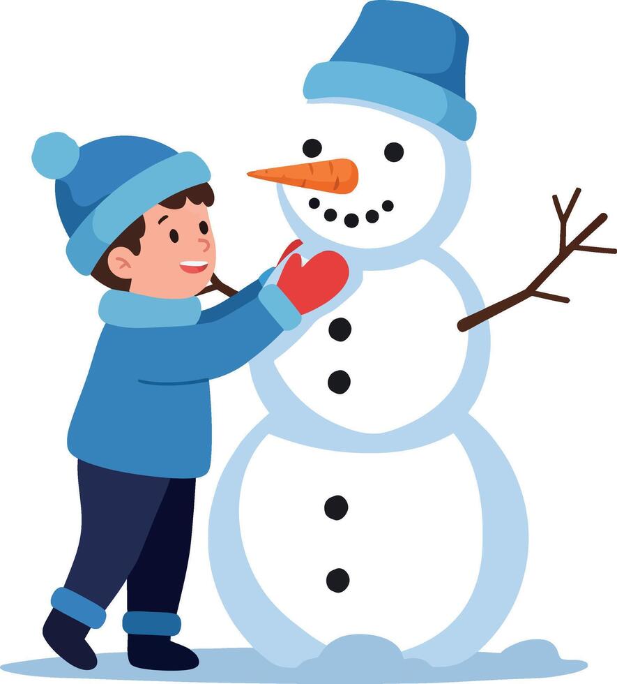 A cheerful boy building a snowman in a winter scene, flat illustration vector
