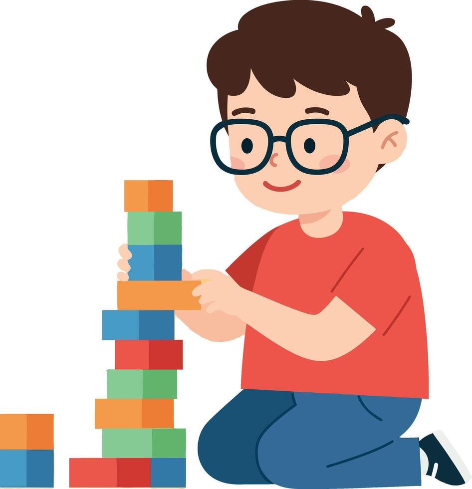A young boy stacking colorful blocks in a playful setting with a flat design style illustration vector