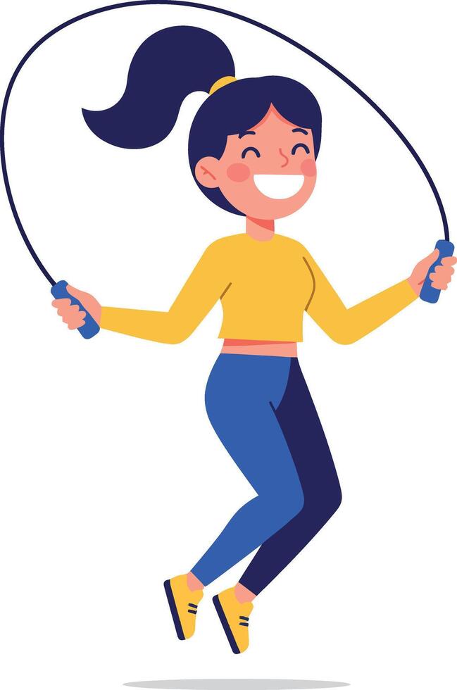 Young girl jumping rope in a vibrant yellow top and blue pants, flat illustration vector