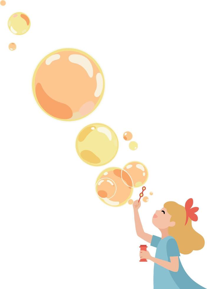 Young girl blowing large soap bubbles in a playful, cheerful environment, flat illustration vector