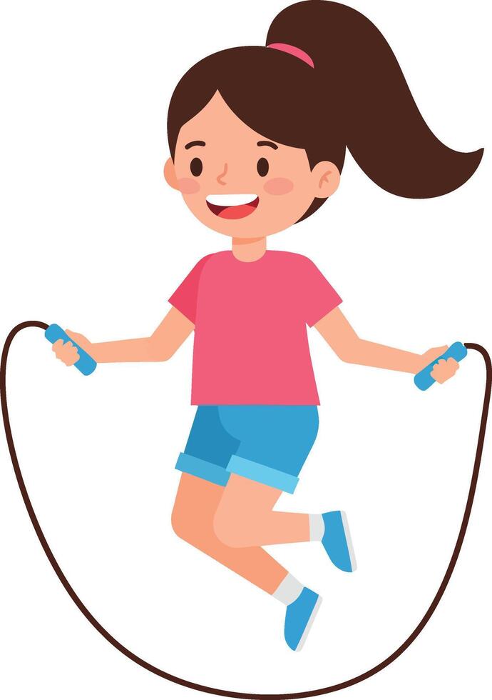 A cheerful girl jumping rope in a flat, colorful design style, showcasing joy and energy, illustration vector