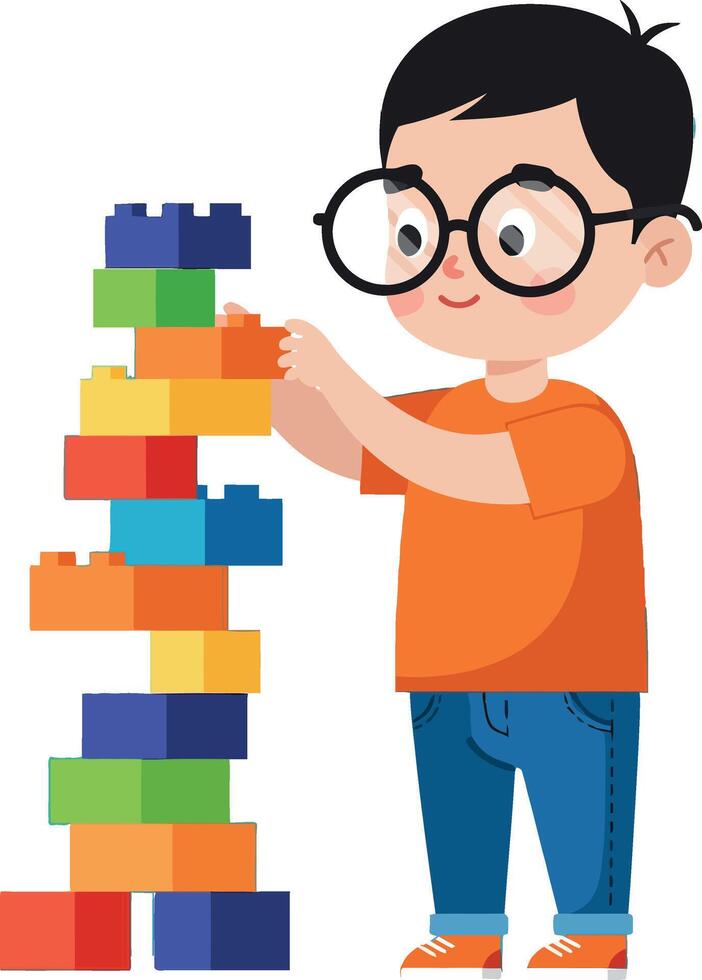 Young boy building a colorful tower with blocks in a flat illustration vector