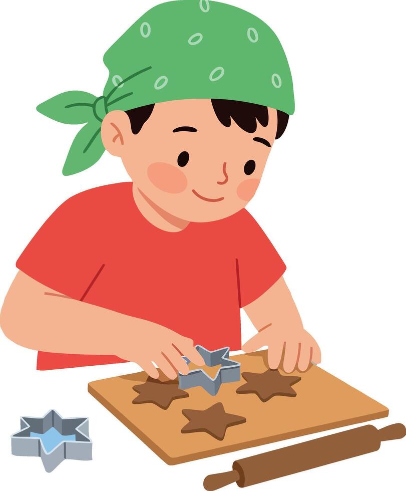 A cheerful boy in a red shirt and green bandana making star-shaped cookies in flat art vector