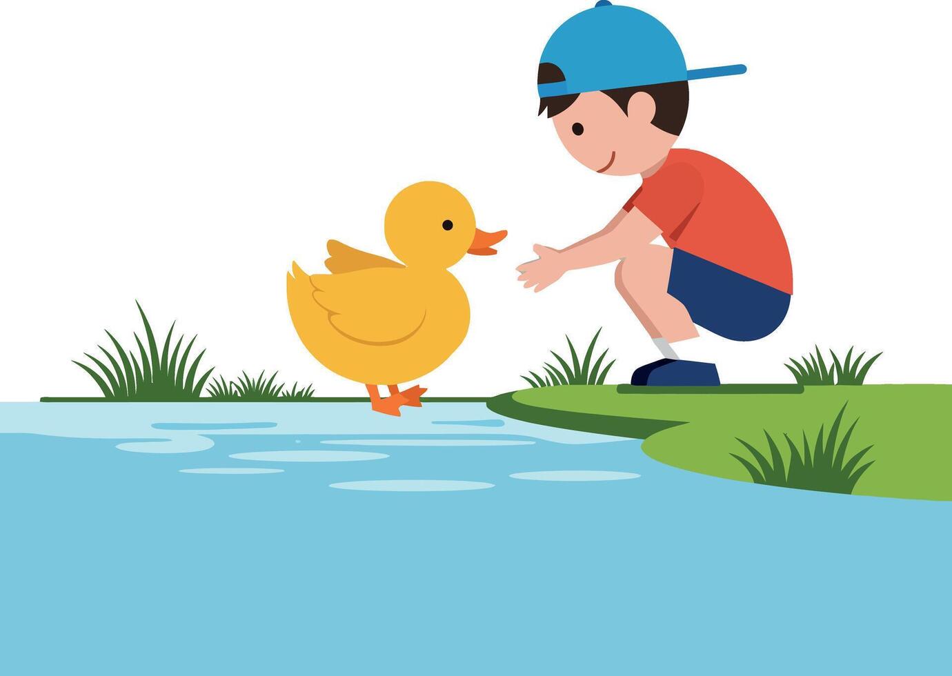 Young boy with blue cap interacting with cute yellow duck by serene water, flat illustration vector